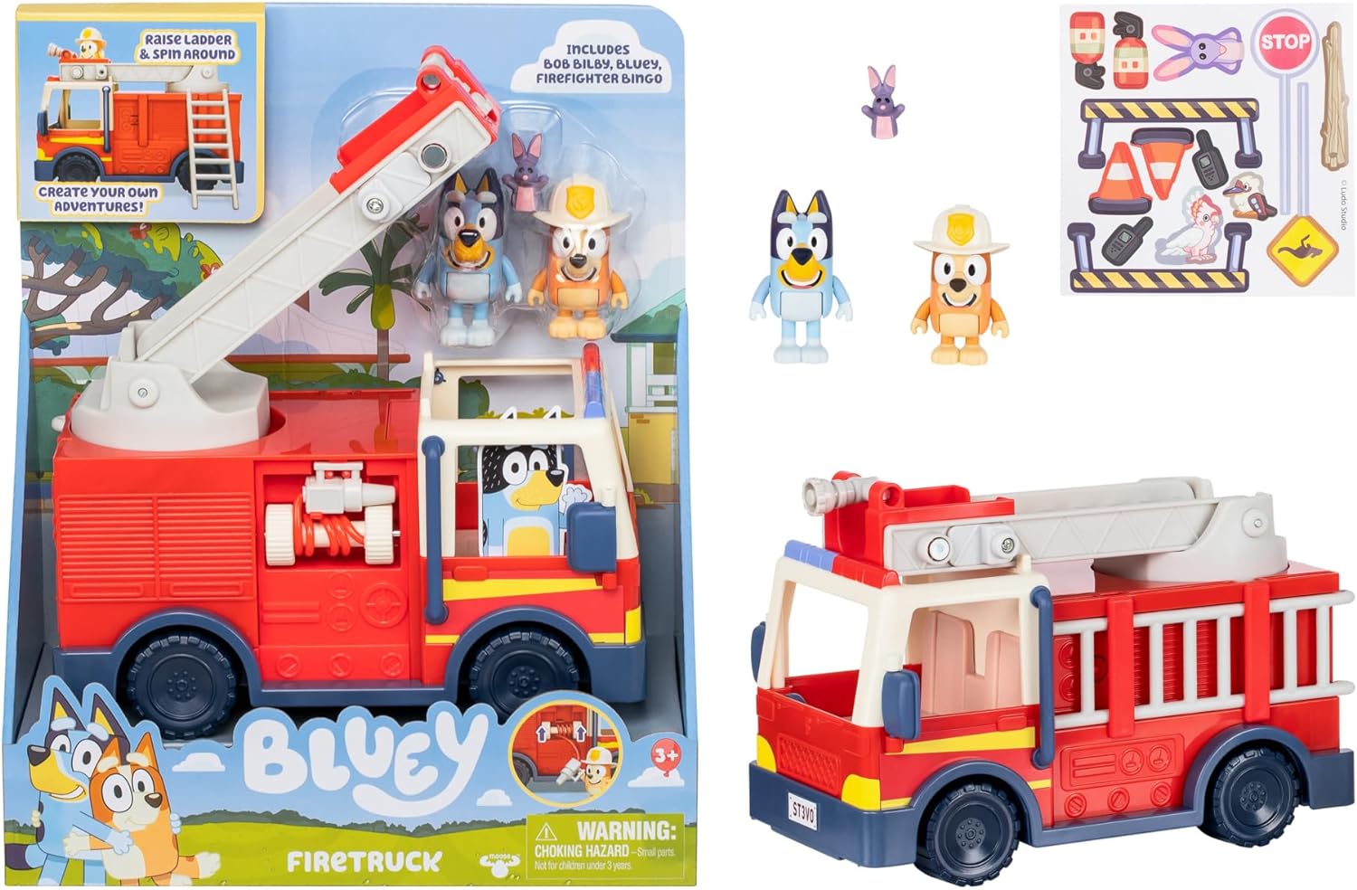 Bluey Firetruck | Firetruck, Exclusive Firefighter Bingo and Bob Bilby Figures | Raise The Ladder, Spin It Around and Roll Out The Hose | Includes Sticker Sheet