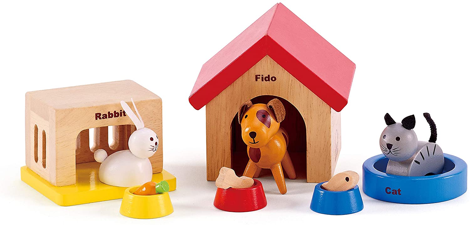 Family Pets Wooden Dollhouse Animal Set by Hape | Complete Your Wooden Dolls House with Happy Dog, Cat, Bunny Pet Set with Complimentary Houses and Food Bowls - Abesons 
