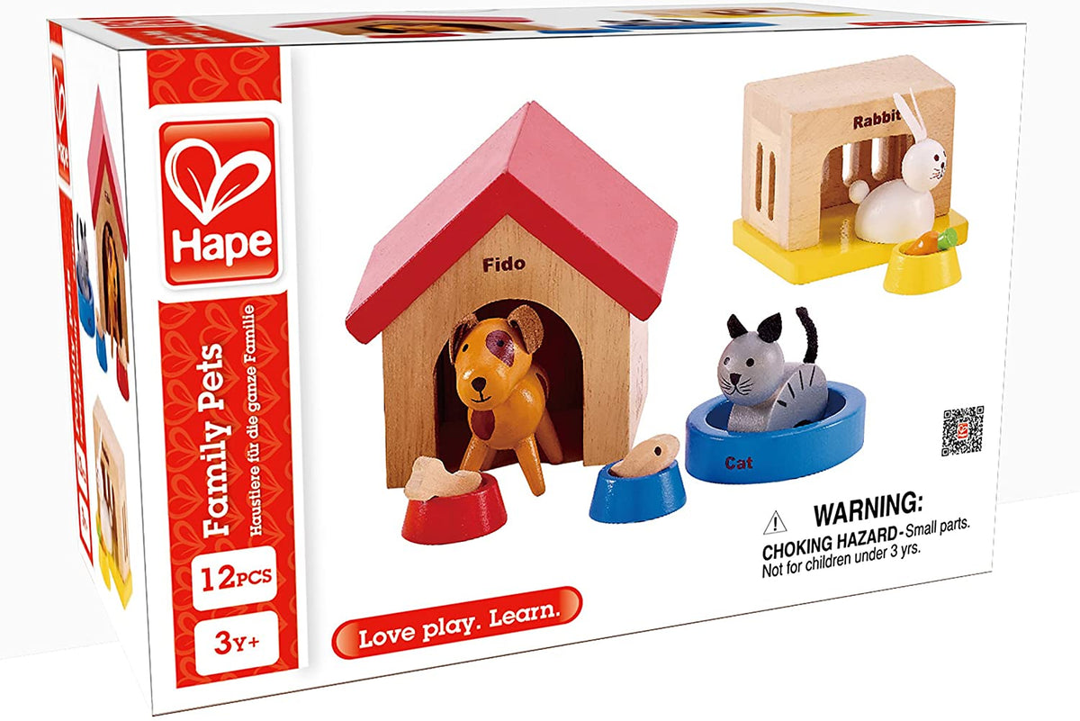 Family Pets Wooden Dollhouse Animal Set by Hape | Complete Your Wooden Dolls House with Happy Dog, Cat, Bunny Pet Set with Complimentary Houses and Food Bowls - Abesons 