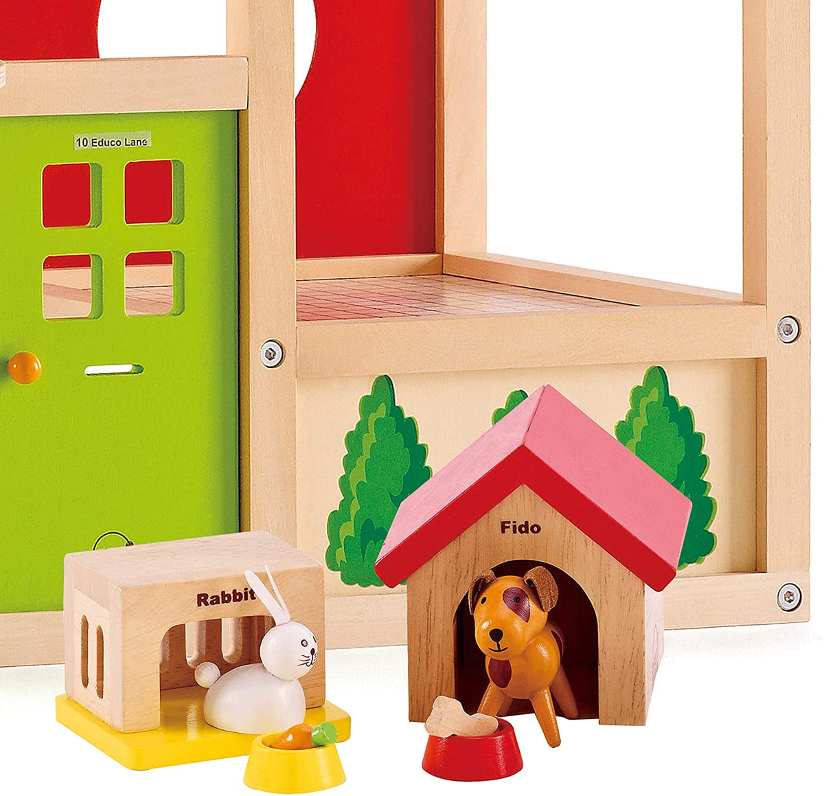 Family Pets Wooden Dollhouse Animal Set by Hape | Complete Your Wooden Dolls House with Happy Dog, Cat, Bunny Pet Set with Complimentary Houses and Food Bowls - Abesons 